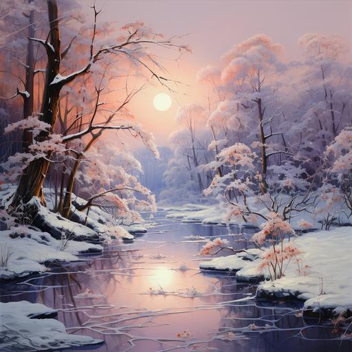 Winter snowy landscape in the thick opalescent-white snow with blurple roses and snow-covered trees, in the style of dreamlike fantasy snowscapes, light bronze and soft-pinks, Mark Lovett, snow-covered trees, swirling vortexes, luminescence, delicate flora depictions --s 400