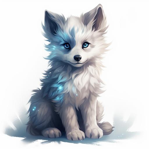 Winter wolf pup, realistic dnd art, white and blue gradient fur color
