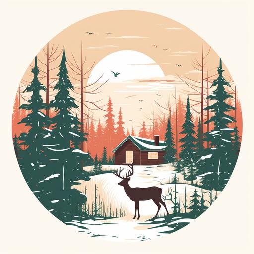 Wisconsin cabin, northwoods, pine trees, snow, deer, logo, minimalistic
