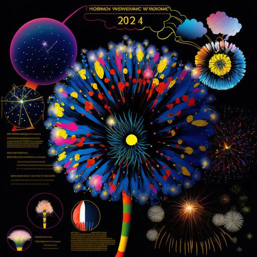 Wishing flower dream of the dandelion and Peter Max monocromatic detailed info graphic about annual fireworks