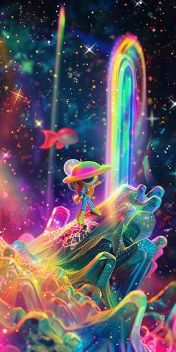 Wisp as Rainbow Brite, inspired by 80s Rainbow Brite character, giant crystal cave, incandescent plasma, album cover, retrowave, sparklecore, star overlay, b-movie aesthetics, luminogram --ar 1:2 --v 6.0