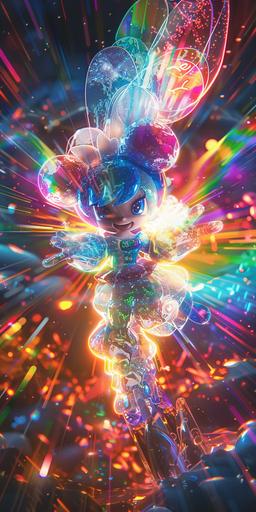 Wisp as Rainbow Brite, inspired by 80s Rainbow Brite character, giant crystal cave, incandescent plasma, album cover, retrowave, sparklecore, star overlay, b-movie aesthetics, luminogram --ar 1:2 --v 6.0