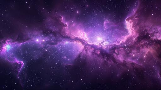 Wisteria Constellation on a Black Cosmic Background: Picture a computer wallpaper featuring a fictional constellation in the shape of wisteria flowers, set against a deep black cosmic background. The image captures the vivid wisteria-purplish stars and nebulae, creating a stunning contrast with the dark void of space. The camera perspective mimics a telescopic astrophotography view, with high resolution and sharp detail. The photography technique combines elements of space photography with digital art, creating a celestial scene that is both realistic and imaginative. The style is inspired by the captivating beauty of the night sky, focusing on the brilliance of the stars and nebulae. The composition centers on the wisteria constellation, with fine details in the stars and the surrounding nebula, creating a sense of depth and vastness. The lighting in the scene highlights the purplish hues against the black background, making the constellation stand out dramatically --ar 16:9 --v 6.0 --s 250 --style raw