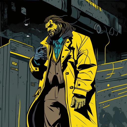 Matt Berry as a Cyberpunk Fixer, wearing a yellow and black coat, pants, and name brand sneakers. Also he is talking to a client on a Retro Futuristic 1990s Cell Phone