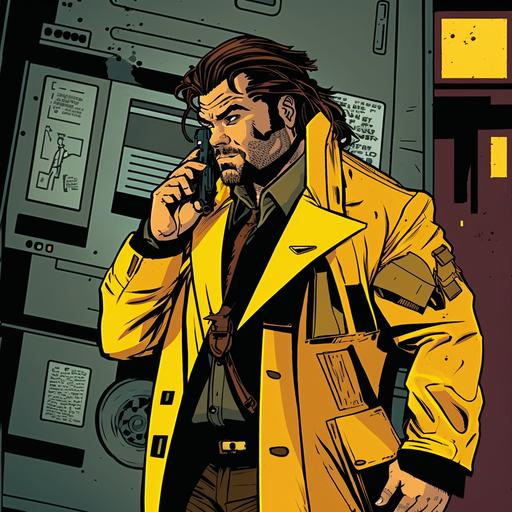 Matt Berry as a Cyberpunk Fixer, wearing a yellow and black coat, pants, and name brand sneakers. Also he is talking to a client on a Retro Futuristic 1990s Cell Phone