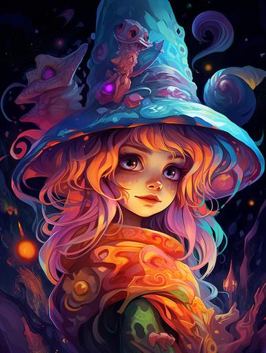 Witch cartoon character portrait, illustration, psychedelic, vibrant colors, magik mushrooms, DMT Elves, NFT, --ar 3:4