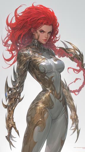Witchblade is a striking character with red hair, with a divine silver bodysuit. The suit is adorned with intricate golden patterns that traces, highlighting her mystic origins. Completing her ensemble are sleek gauntlets extending up to her elbows, shimmering with a metallic sheen. dramatis personae. From her shoulders on her right arm, where the mystical Witchblade manifests itself, an otherworldly artifact blending armor and organic elements, glowing with an ethereal radiance, in gouache by barry windsor-smith --ar 9:16 --niji 6