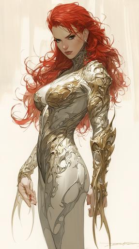 Witchblade is a striking character with red hair, with a divine silver bodysuit. The suit is adorned with intricate golden patterns that traces, highlighting her mystic origins. Completing her ensemble are sleek gauntlets extending up to her elbows, shimmering with a metallic sheen. dramatis personae. From her shoulders on her right arm, where the mystical Witchblade manifests itself, an otherworldly artifact blending armor and organic elements, glowing with an ethereal radiance, in gouache by barry windsor-smith --ar 9:16 --niji 6