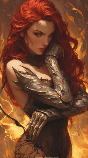 Witchblade is a striking character with red hair, with a divine silver bodysuit with lovely V lace outfit. The suit is adorned with intricate golden patterns that traces, highlighting her mystic origins. Completing her ensemble are sleek gauntlets extending up to her elbows, shimmering with a metallic sheen. dramatis personae. From her shoulders on her right arm, where the mystical Witchblade manifests itself, an otherworldly artifact blending armor and organic elements, ripped outfit, glowing with an ethereal radiance, in gouache by barry windsor-smith --ar 9:16 --niji 6