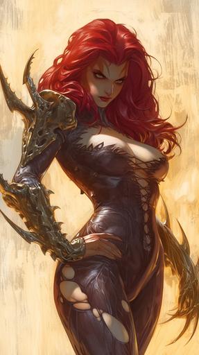 Witchblade is a striking character with red hair, with a divine silver bodysuit with lovely V lace outfit. The suit is adorned with intricate golden patterns that traces, highlighting her mystic origins. Completing her ensemble are sleek gauntlets extending up to her elbows, shimmering with a metallic sheen. dramatis personae. From her shoulders on her right arm, where the mystical Witchblade manifests itself, an otherworldly artifact blending armor and organic elements, ripped outfit, glowing with an ethereal radiance, in gouache by barry windsor-smith --ar 9:16 --niji 6