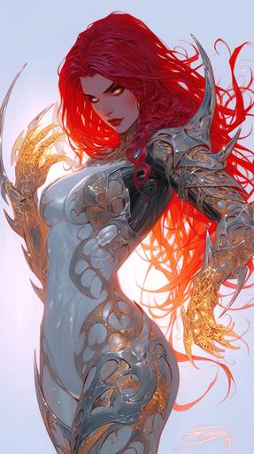 Witchblade is a striking character with red hair, with a divine silver bodysuit. The suit is adorned with intricate golden patterns that traces, highlighting her mystic origins. Completing her ensemble are sleek gauntlets extending up to her elbows, shimmering with a metallic sheen. From her shoulders on her right arm, where the mystical Witchblade manifests itself, an otherworldly artifact blending armor and organic elements, glowing with an ethereal radiance, in gouache by barry windsor-smith --ar 9:16 --niji 6