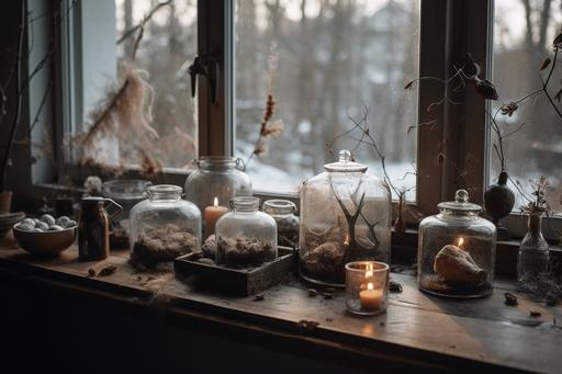 Witchcraft aesthetic, winter frost on window, terrariums in jars on table, mushrooms everywhere, twigs and roots, candles and small animal bone jewelery, cottagecore, tabletop, photography --ar 3:2 --upbeta --v 5
