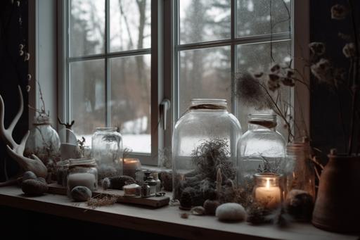 Witchcraft aesthetic, winter frost on window, terrariums in jars on table, mushrooms everywhere, twigs and roots, candles and small animal bone jewelery, cottagecore, tabletop, photography --ar 3:2 --upbeta --v 5