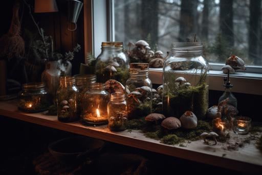 Witchcraft aesthetic, winter time, terrariums in jars on table, mushrooms everywhere, tabletop, photography --ar 3:2 --upbeta --v 5