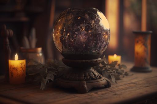 Witches altar, crystal ball, black roses, wooden table, rustic, nature, summer, evening, hot,warm light, moonlight, shot on 35mm,long lens,cinematic,8k --ar 3:2