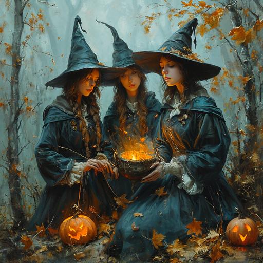 Witches around a cauldron casting spells in the forest   evil witches dancing with brooms   magical   evil   unpleasant   depraved witches   wicked   foul a horror painting by John Answer Fitzgerald:: bento --s 750 --v 6.0