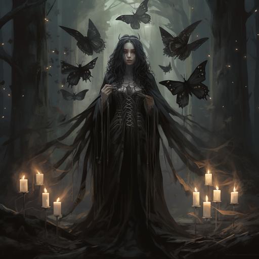 Witchy Goth with Acherontia Influence: A dimly lit forest, shrouded in mist, with acherontia moths fluttering around an ancient altar. Crystal formations glow softly in the background, and a black-robed figure stands in the center, hands raised to the moon, surrounded by fluttering moths. --s 50 --style raw
