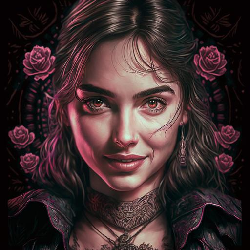 chiaroscuro portrait of smiling ana de armas, winking ,pop cyberpunk, western steampunk, tiny roses, ornate, intricate beautiful detailed colorful fantasy portrait photograph of her taken by ARRI with cinematic lighting, 8k, woodblock, dark, black, cute, face, wearing pink and white, James Jean style --q 2 --v 4