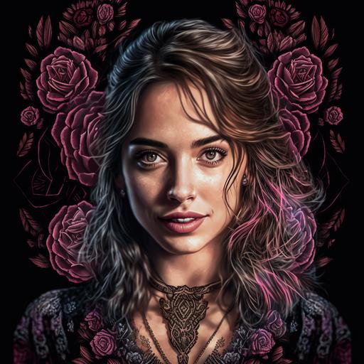chiaroscuro portrait of smiling ana de armas,pop cyberpunk, western steampunk, tiny roses, ornate, intricate beautiful detailed colorful fantasy portrait photograph of her taken by ARRI with cinematic lighting, 8k, woodblock, dark, black, cute, face, wearing pink and white, James Jean style --q 2 --v 4