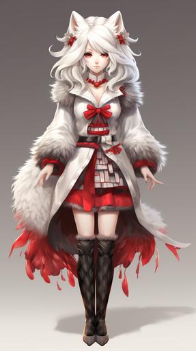 Wolf ears, white hair, a wolf tail, white fur, and red pupils. She is wearing a white top with two white pom-poms attached to the front. She is wearing a hakama with black on the top and red on the bottom. In the catalog of human and demon hybrids, the red part represents a maple leaf pattern. --ar 9:16 --v 5.2