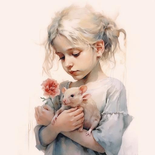 little girl holding a flower with her pet: a small white lab rat with red eyes, dusty room with peeling paint, style Salvador Dali watercolor