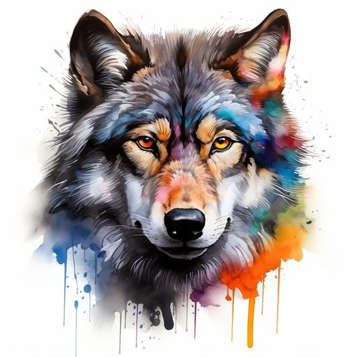 Wolf with expressive pose, vibrant, black and white colors, radiant colors blending into fur, in the style of hyper - realistic animal illustrations, striped, aquarellist, 32k uhd, realistic watercolors, animalier