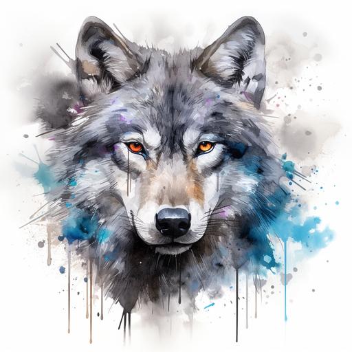 Wolf with expressive pose, vibrant, black and white colors, radiant colors blending into fur, in the style of hyper - realistic animal illustrations, striped, aquarellist, 32k uhd, realistic watercolors, animalier