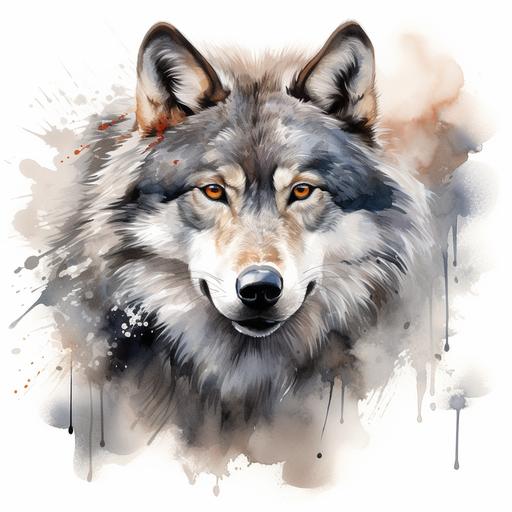 Wolf with expressive pose, vibrant, black and white colors, radiant colors blending into fur, in the style of hyper - realistic animal illustrations, striped, aquarellist, 32k uhd, realistic watercolors, animalier