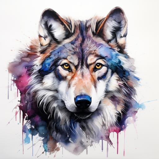 Wolf with expressive pose, vibrant, black and white colors, radiant colors blending into fur, in the style of hyper - realistic animal illustrations, striped, aquarellist, 32k uhd, realistic watercolors, animalier