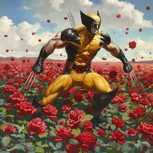 Wolverine in his yellow suit slashing red roses in a field of red roses