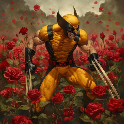 Wolverine in his yellow suit slashing red roses in a field of red roses