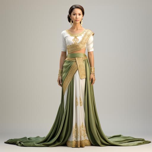 Woman Standing, Oval Face, wavy hair, An elegant traditional Thai dress in cream and Ivory, featuring an intricate golden embroidery on the bodice and hem. The dress has a straight-cut silhouette with a Thai silk wrap-around skirt in green. It is accessorized with gold jewelry, including bracelets, arm cuffs, and earrings, adorned with green gemstones., which is characteristic of Thai formal wear.Grand Palace Thailand,Outdoors, rim light, analog film photo, Kodachrome