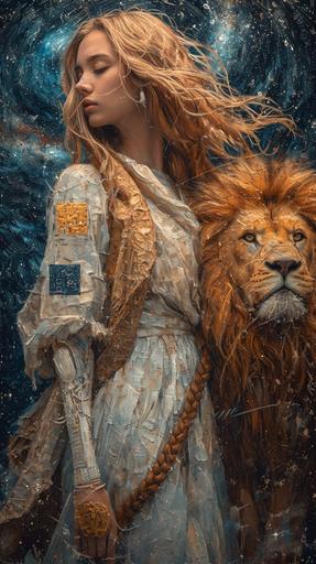 Woman and Lion, abstract painting with pure white shiny translucent skin android with qrcode tattoos digital tattoos and cyberware walking on a deep sea of stars and nebula , Botticelli style, humanoid robot, braided hair --no robot --ar 9:16 --style raw --stylize 750 --v 6.0