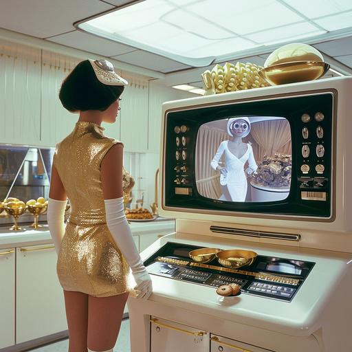 Woman dress in 1960s futuristic garb - metallic gold short - skirted dress with a white front, and white visor and metalilc gold and white calf socks. She is standing in front of, but facing away from, a large flatscreen TV depicting a woman in a white dress and huge gold bowl of yellow egg - shaped objects. In the background of the TV image is a large white and gold egg. Below the TV screen is two gold bowls flanking a black keyboard, all set into a white formica cabinet. To the right of the gold bowls are several white rectangular plates containg foods. There is a white skylight with a camera attached to it. --v 6.0