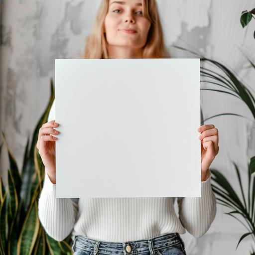 Woman holding a perfectly square white poster image, stock image, detailed, modern room background --style raw --ar 1:1