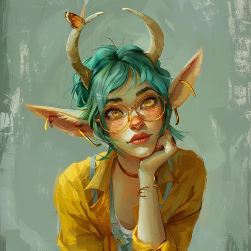 Woman ,human body, elf ears, horns and tail,sweet face,beautifull ,eclectic fashion, glasses, nose ring, yellow eyes,fair skin,dark green and bleu hair,short hair, freckles,full body,full view,character design,character sheet, cute shy posing, butterfly backgrounddigital art --v 6.0