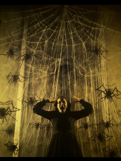 Woman in Lumino kinetic spider web cocoon scream, giant Spider in background, eerie,lovecraftian, maximalism,dirty enviroment,Autochrome crime scene photography by Eugène Atget --ar 3:4