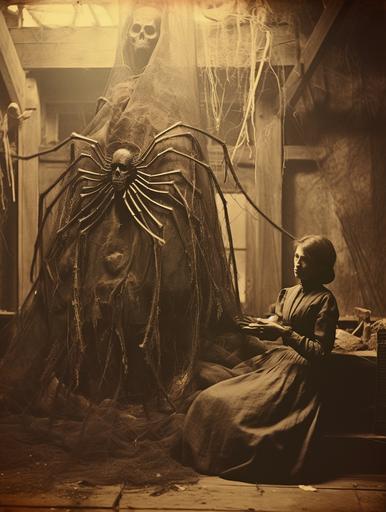 Woman in Lumino kinetic spider web cocoon scream, giant Spider in background, eerie,lovecraftian, maximalism,dirty enviroment,Autochrome crime scene photography by Eugène Atget --ar 3:4