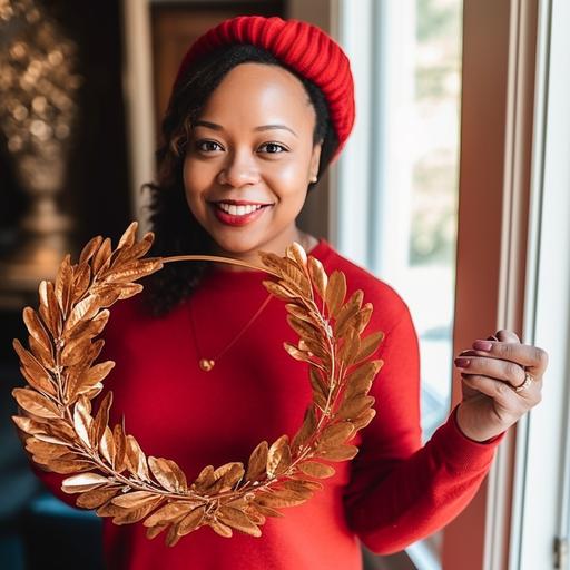 Woman in Red Long Sleeve Shirt Holding Gold Wreath. Thanksgiving, Gobble Gobble, Family Reunion, Holidays, Gravy, Feast, Grateful, Fall Aesthetics. Use a Canon EOS 5D Mark IV camera with a 35mm at F2.2 aperture setting. --style raw --s 750