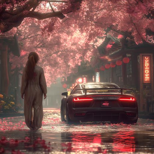 Woman in adidas jacket cyberpunk 2077, full body view in flower blosom park,sun rays going thru chery blosom leafs near the cyberpunk audi s8 mat black car 1440x3360,--ar 9:21 --v 6.0 --s 750