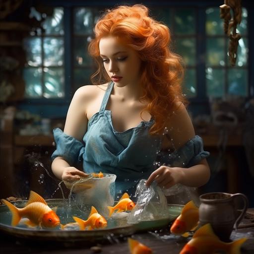 Woman in apron blue with goldfish aquarium photo, zbrush style, melting, matte photo, whip curves, ultra fine detail, from cheese
