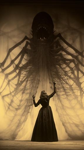 Woman in spider web cocoon scream, giant Spider in background, eerie,lovecraftian, maximalism,dirty enviroment,Lumino kinetic crime scene photography by Eugène Atget --ar 9:16