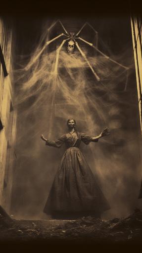 Woman in spider web cocoon scream, giant Spider in background, eerie,lovecraftian, maximalism,dirty enviroment,Lumino kinetic crime scene photography by Eugène Atget --ar 9:16