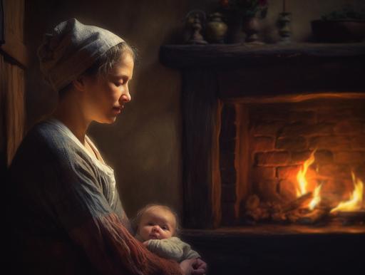 Woman leaning over the crib of her newborn baby, fireplace in the background, cottage interior, painted like Rembrandt, medium colors, grainy texture, Renaissance portrait soft lighting, lighting like rembrandt, detailed painting strokes, 4k --ar 4:3 --q 4 --v 5 --s 900 --upbeta