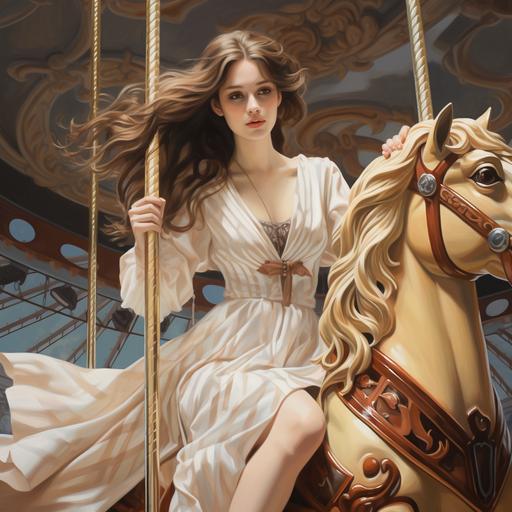 Woman riding a merry-go-round, modern appearance, modern clothing, hair blowing in the wind, brown hair, beautiful woman, beautiful merry-go-round, wooden horse with bells, full body view, lonely appearance,
