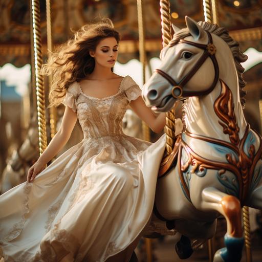 Woman riding a merry-go-round, modern appearance, modern clothing, hair blowing in the wind, brown hair, beautiful woman, beautiful merry-go-round, wooden horse with bells, full body view, lonely appearance,