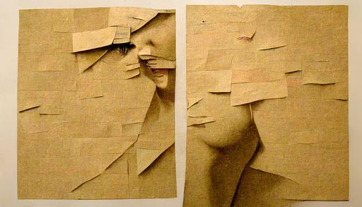 Woman tries to charm a man. done post it paper collage template. on a background with paper texture and sticks torn glue. hyper realistic. --ar 16:9