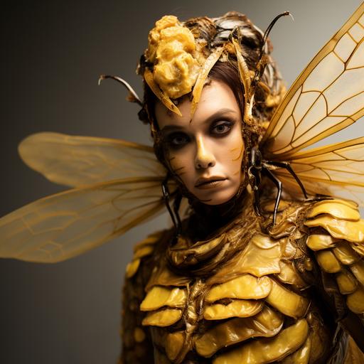 Woman with wasp wings, wasp costume, in beehive, skin of dull yellow color, scar on cheek