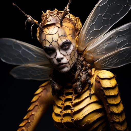 Woman with wasp wings, wasp costume, in beehive, skin of dull yellow color, scar on cheek