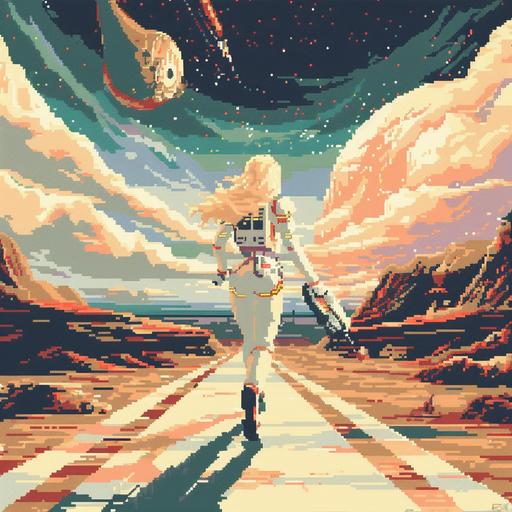 Women Space Warrior game in he style of mario nintendo retro pixel art running towards a battle in 16:9